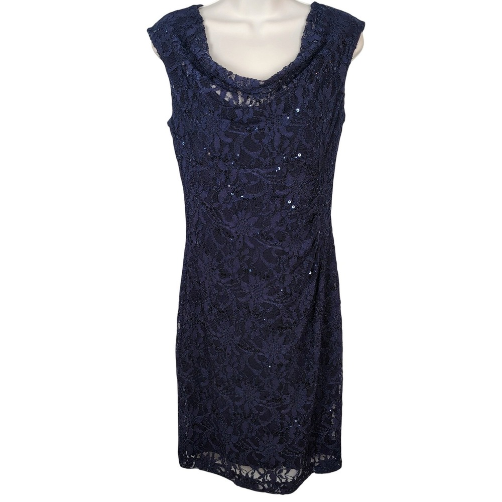 Lauren Ralph Lauren Navy Blue Sequin Floral Lace Cowl Neck Dress Womens 8 party - Picture 1 of 13